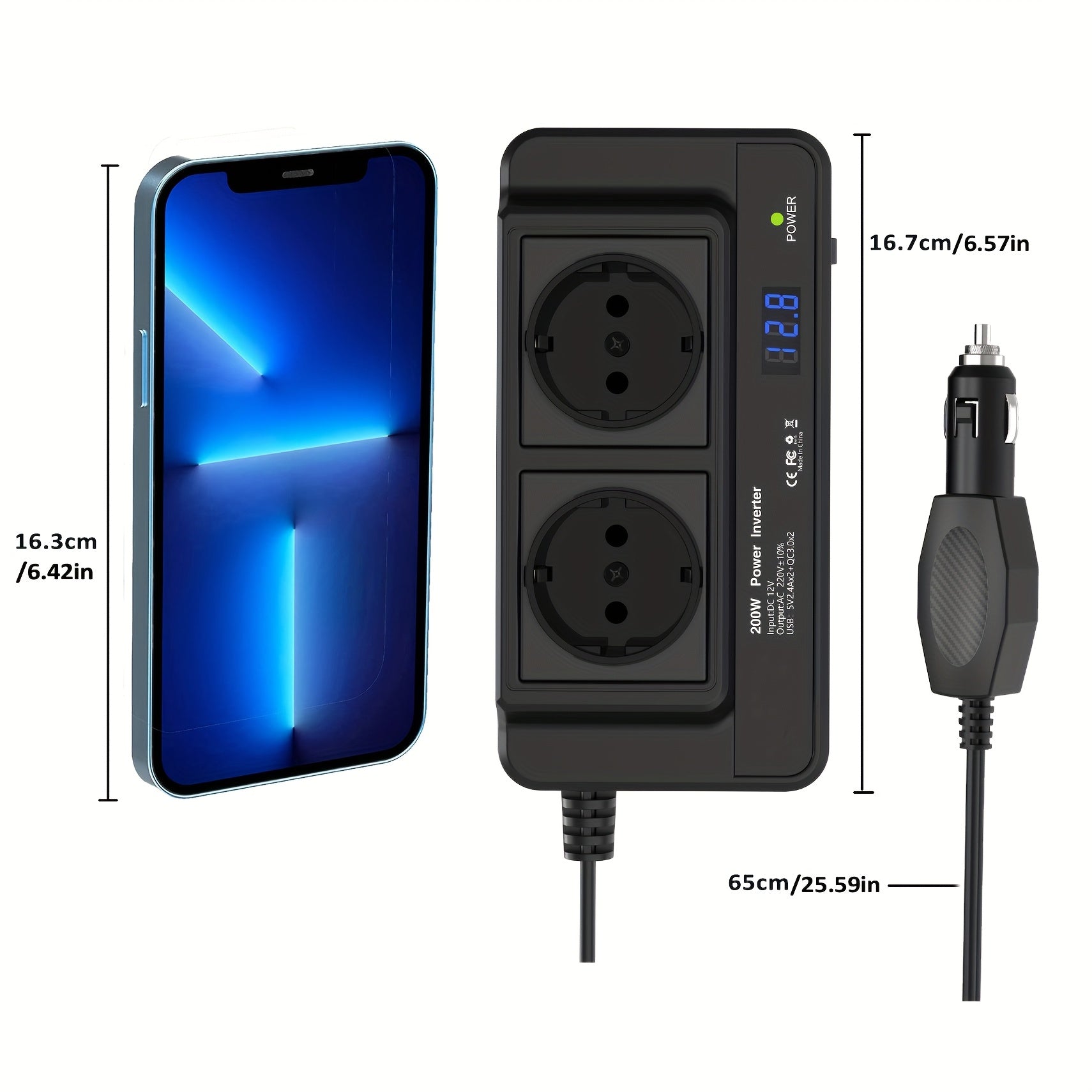 Inverter per Auto Compatto 200W – Doppie Prese & Quattro USB