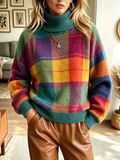 Maglione Retro con Collo Alto e Motivo a Quadri
