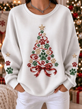 Sweatshirt casual para mulher, com gola redonda e estampado de árvore de Natal com pegada de pata