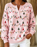 Maglione Rosa Casual per Donne con Collo Henley e Motivo Natalizio