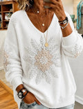 Maglione Casual Donna a Maniche Lunghe con Stampa di Fiocchi di Neve e Collo a V