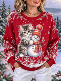 Sudadera navideña de waffle bonita para mujer con gato y muñeco de nieve