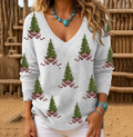 Camisola casual de mulher com decote em V e design de árvore de Natal
