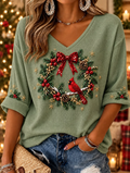 Camiseta navideña informal para mujer con escote en V y mangas cortas