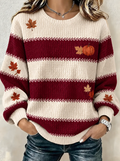 Casual crewneck sweatshirt with stripes and a maple leaf pattern for women