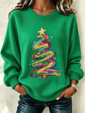 Felpa Casual Natalizia con Albero di Natale Glitterato, Maniche Lunghe e Collo Giro