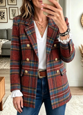 Women's Chic Double-Breasted Plaid Wool Blazer