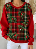 Women's Festive Plaid Long-Sleeve Sweatshirt, Crew Neck, Available in Three Sizes - Spring/Autumn