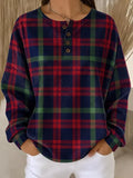 Sweat-shirt vintage géométrique pour femme avec col Henley et manches longues, pour le printemps et l’automne