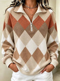 Sudadera de mujer retro geométrica con cuello alto - informal para primavera/otoño, de manga larga