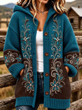 Cardigan décontracté en laine à manches longues et motif floral pour femme