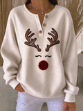 Felpa Vintage Elegante con Collo Henley e Maniche Lunghe