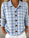 Cardigan vintage à manches longues à carreaux pour femme