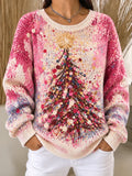Pull décontracté pour femme à manches longues avec imprimé coloré de sapin de Noël