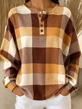 Felpa Vintage a Quadri con Collo Henley e Maniche Lunghe per Donna