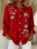 Women's Knitted Cardigan with Artistic Wine Glass and Snowflake Design