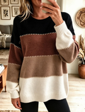 Women's Colorful Striped Sweater with Crew Neck and Long Sleeves