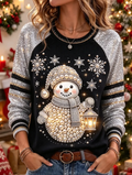 Sweat-shirt de Noël pour femme avec imprimé bonhomme de neige en perles et manches pailletées