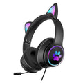 Auriculares plegables con diseño de orejas de gato AKZ-022 con puerto USB + 3.5 mm, LED y micrófono (Negro)