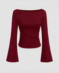 Blusa de mujer con escote barco, cintura fruncida y mangas largas acampanadas – Ajuste ceñido para looks elegantes informales y de noche