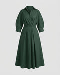 Vestido camisero maxi para mujer con cintura drapeada y bolsillos laterales – Corte en A, con cuello y mangas tres cuartos, para la oficina y ocasiones cotidianas