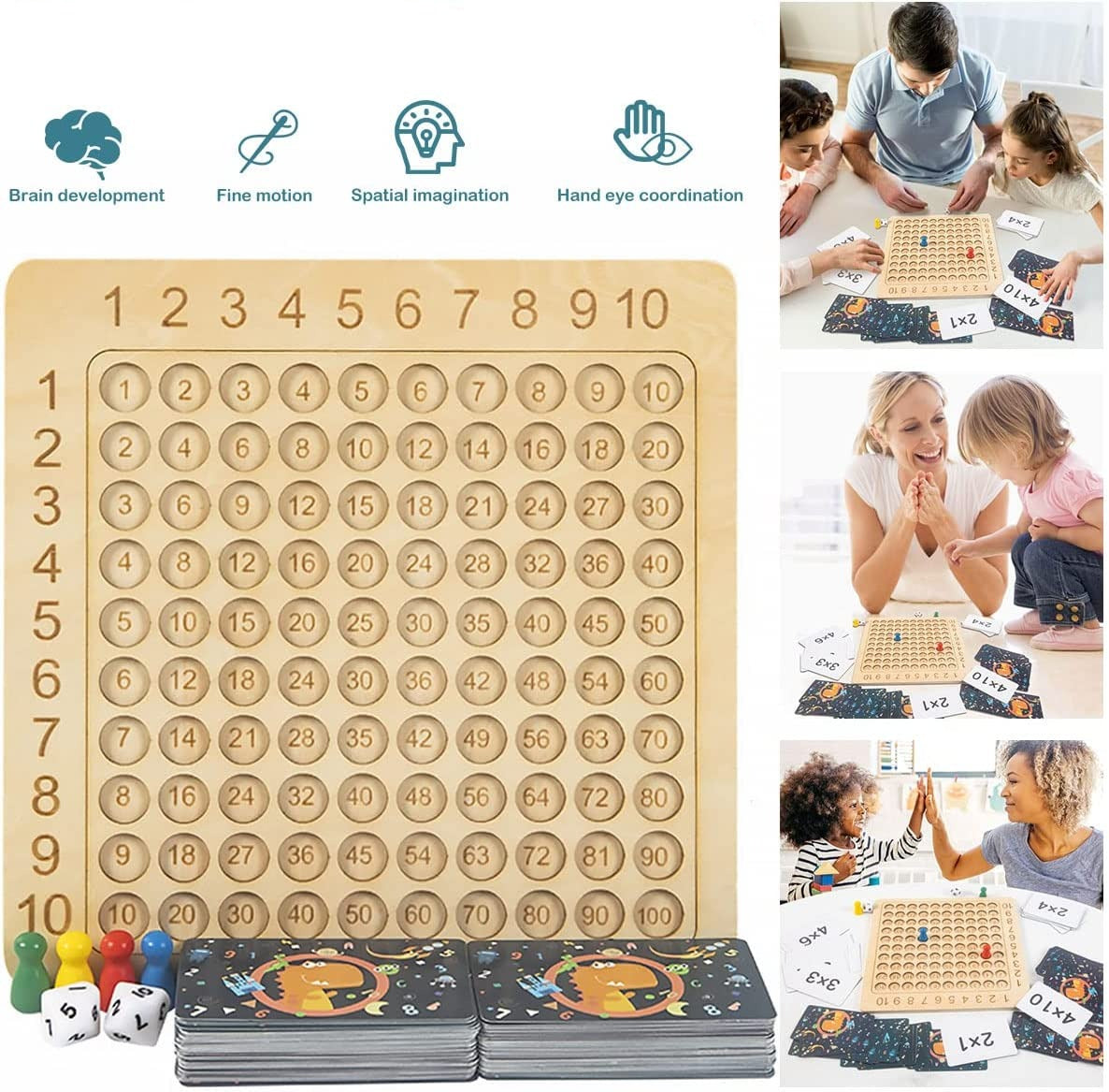 Gioco di Apprendimento con Tavola di Legno per Moltiplicazione 1–10 con Carte e Dadi