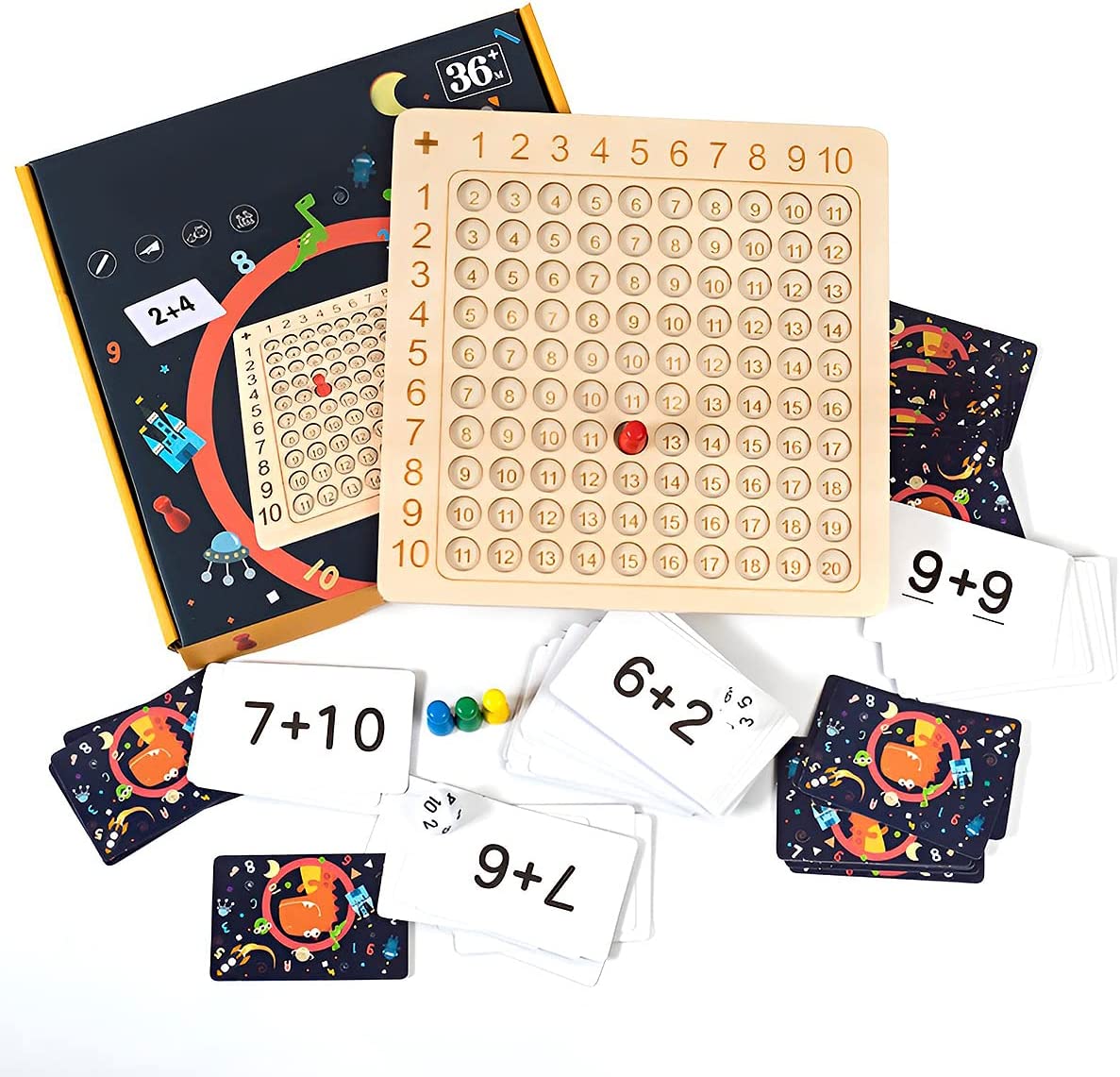 Gioco di Apprendimento con Tavola di Legno per Moltiplicazione 1–10 con Carte e Dadi