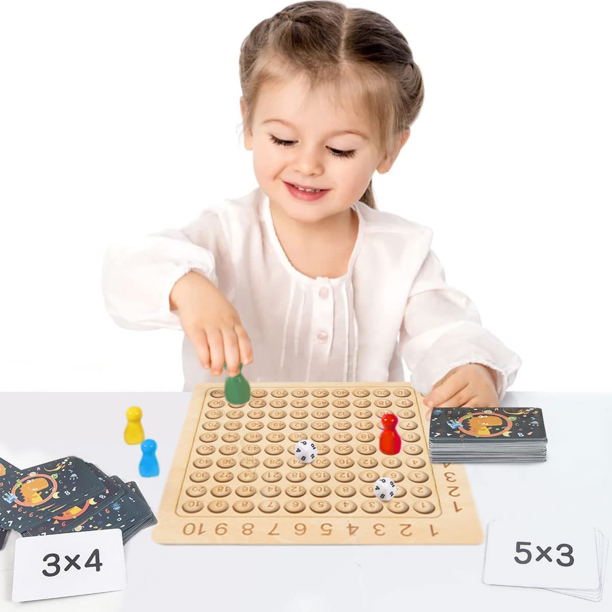 Gioco di Apprendimento con Tavola di Legno per Moltiplicazione 1–10 con Carte e Dadi