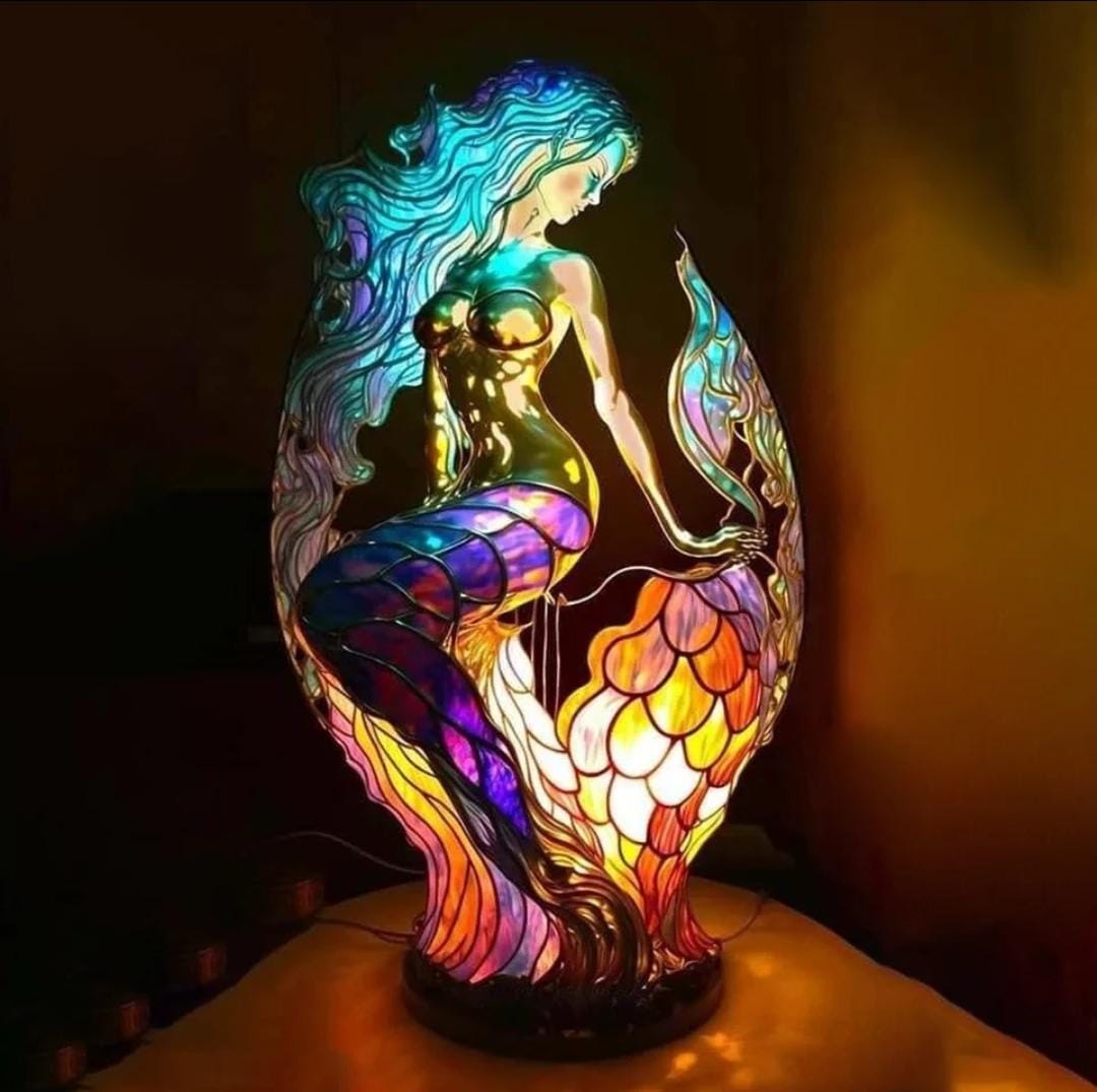 VitraGlow Ornamento in Vetro Fatto a Mano | Elegante lampada da tavolo in resina e vetro con vivaci motivi artistici