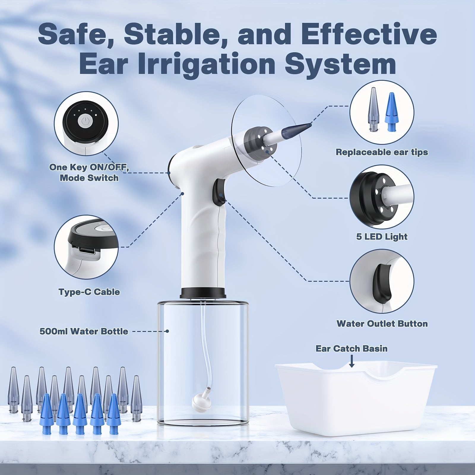 Set per la Pulizia Elettrica delle Orecchie – Sistema di Irrigazione Sicuro con Ugelli Monouso