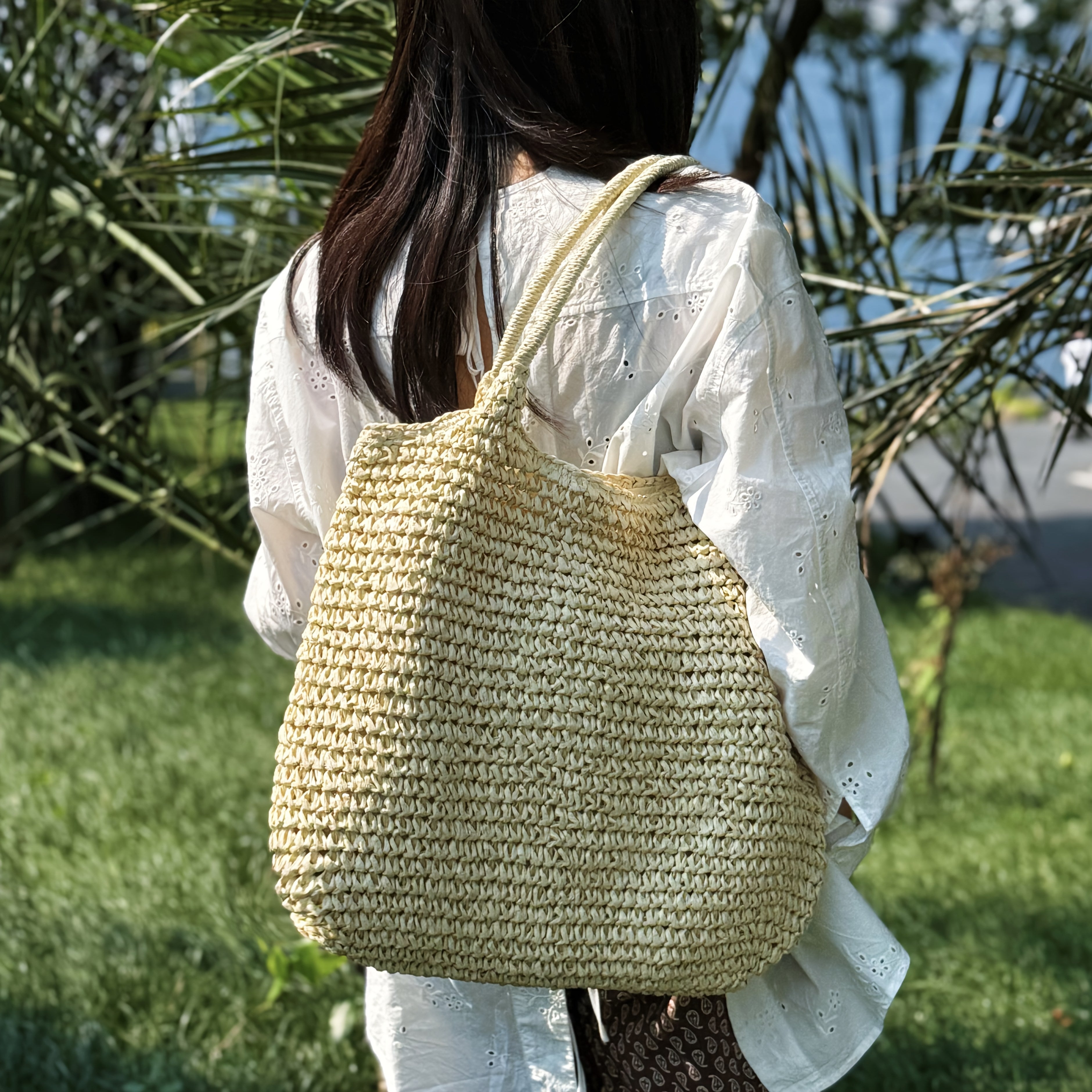 Borsa a Spalla Woven di Grande Capacità per Donne con Chiusura a Zip