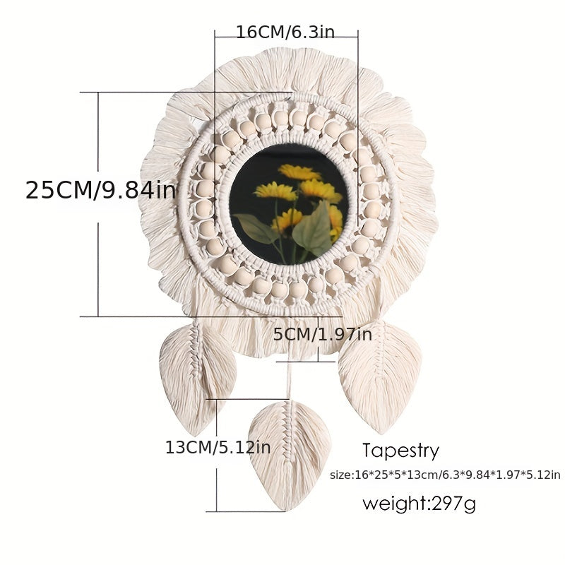 Specchio da Parete Boho in Macramè con Frange – Specchio Decorativo con Perline e Piume