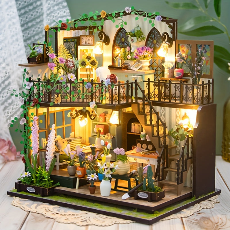 Casa Miniatura Greenhouse Fai-da-te con Illuminazione – Puzzle 3D Fatti a Mano per Decorazione Creativa