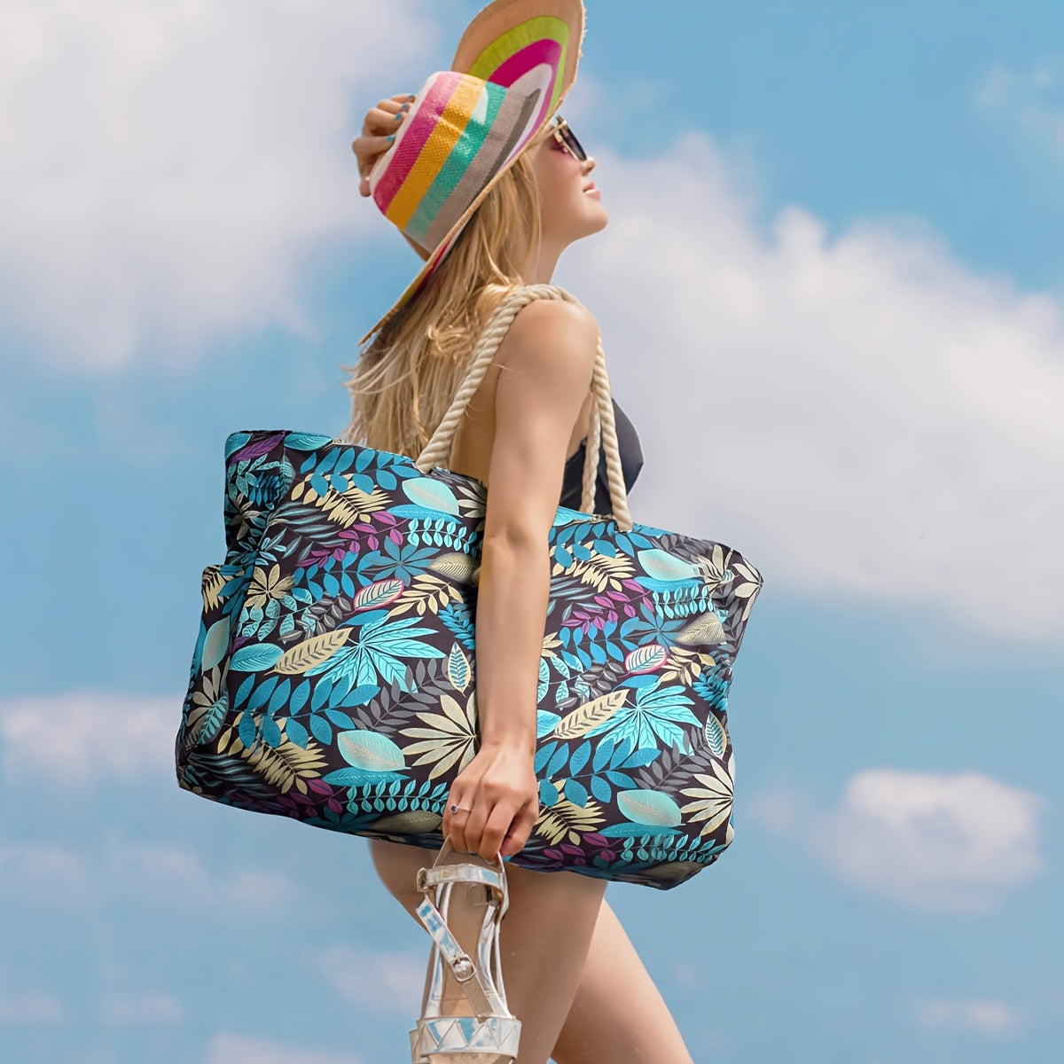 Borsa da Spiaggia Grande alla Moda con Stampa a Foglia - Spaziosa, Resistente e Perfetta per le Vacanze
