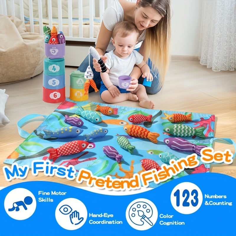 Gioco di Pesca in Tessuto per Bambini – Pesci in Peluche e Tazze Impilabili per Divertimento Educativo