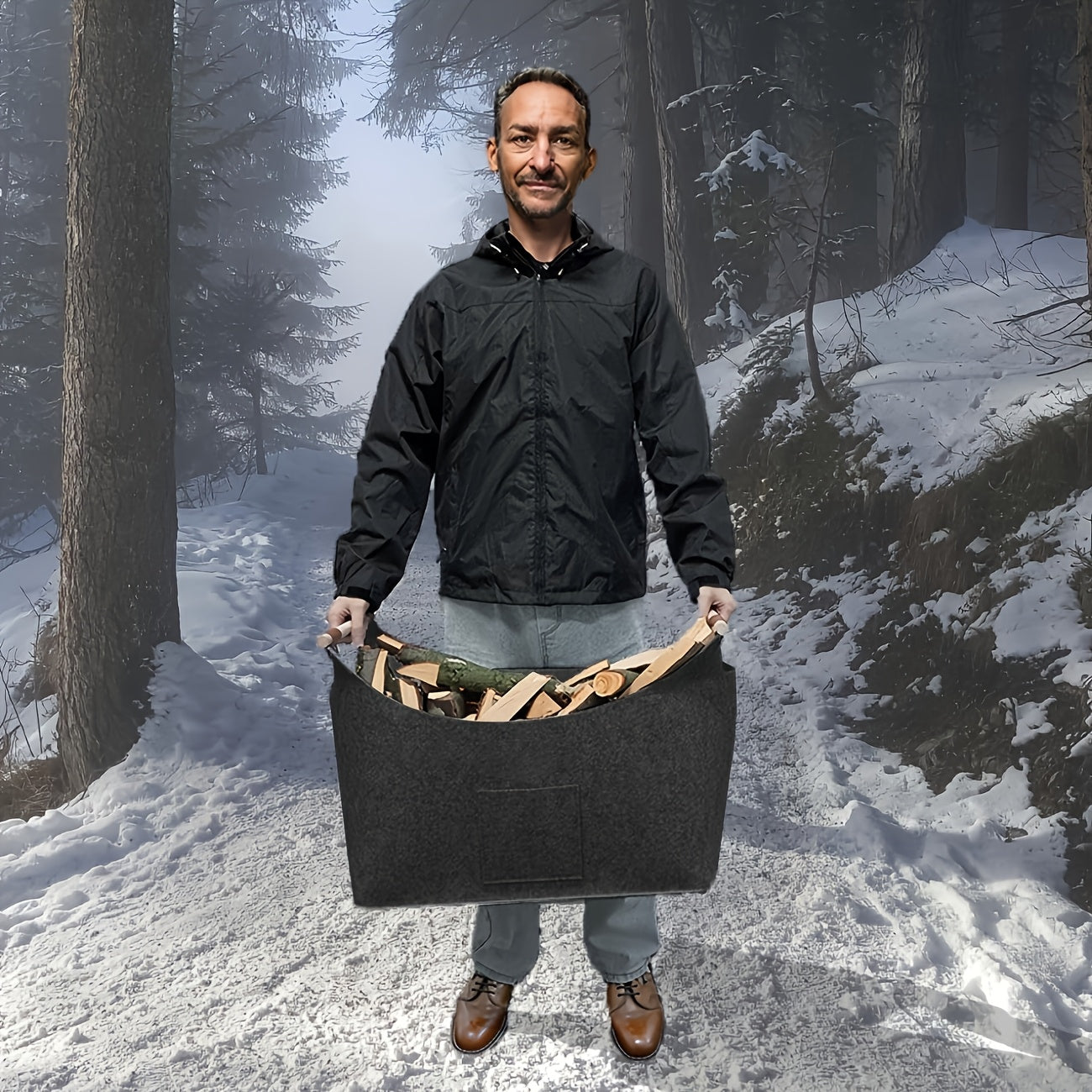 Cesto in Feltro Pieghevole XL con Manici in Legno – Carrier di Legno Sostenibile e Stile per Uso Interno