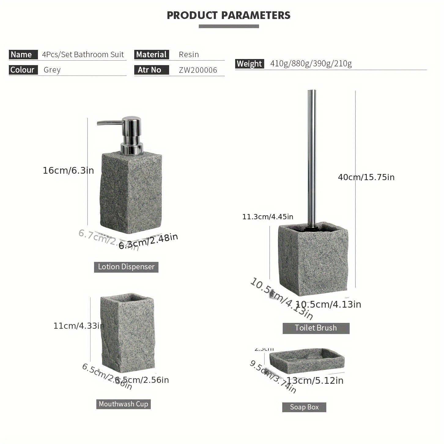 Set da Bagno in Resina Grigia – Set di Lusso di 4 Pezzi per un Bagno Elegante