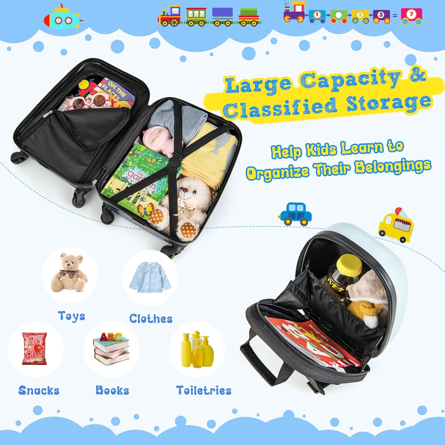 Set di Valigie Rigide per Bambini in 2 Pezzi e Zaino con Ruote a 360° – Elicottero