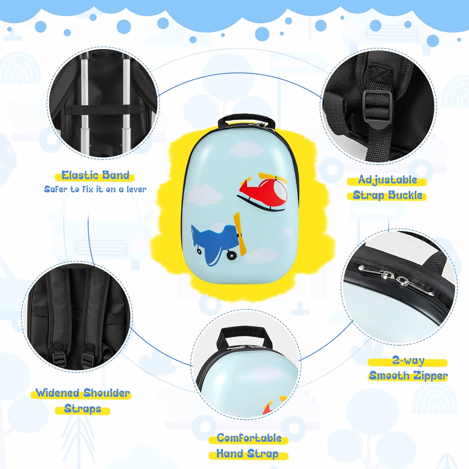 Set di Valigie Rigide per Bambini in 2 Pezzi e Zaino con Ruote a 360° – Elicottero