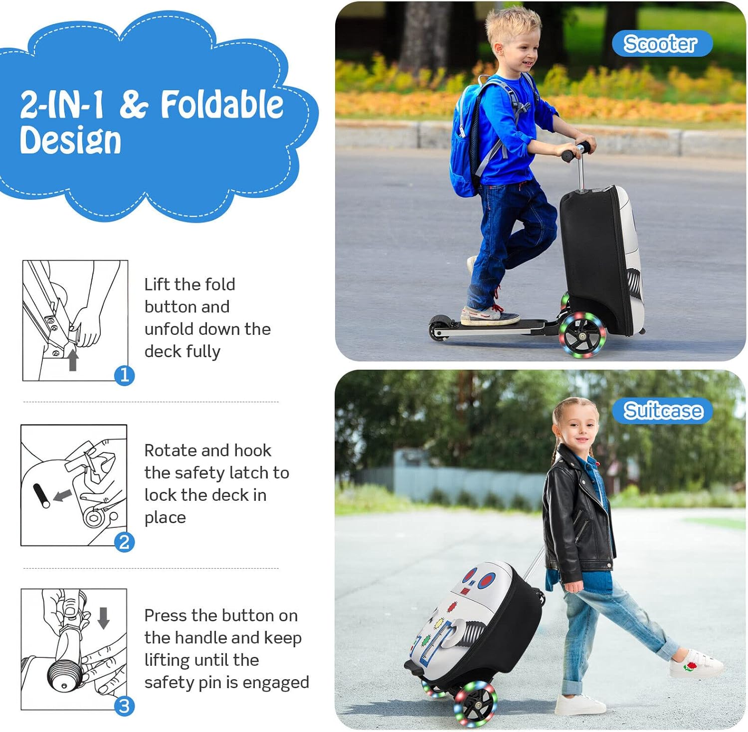 Valigia Scooter per Bambini 2-in-1 con Ruote LED