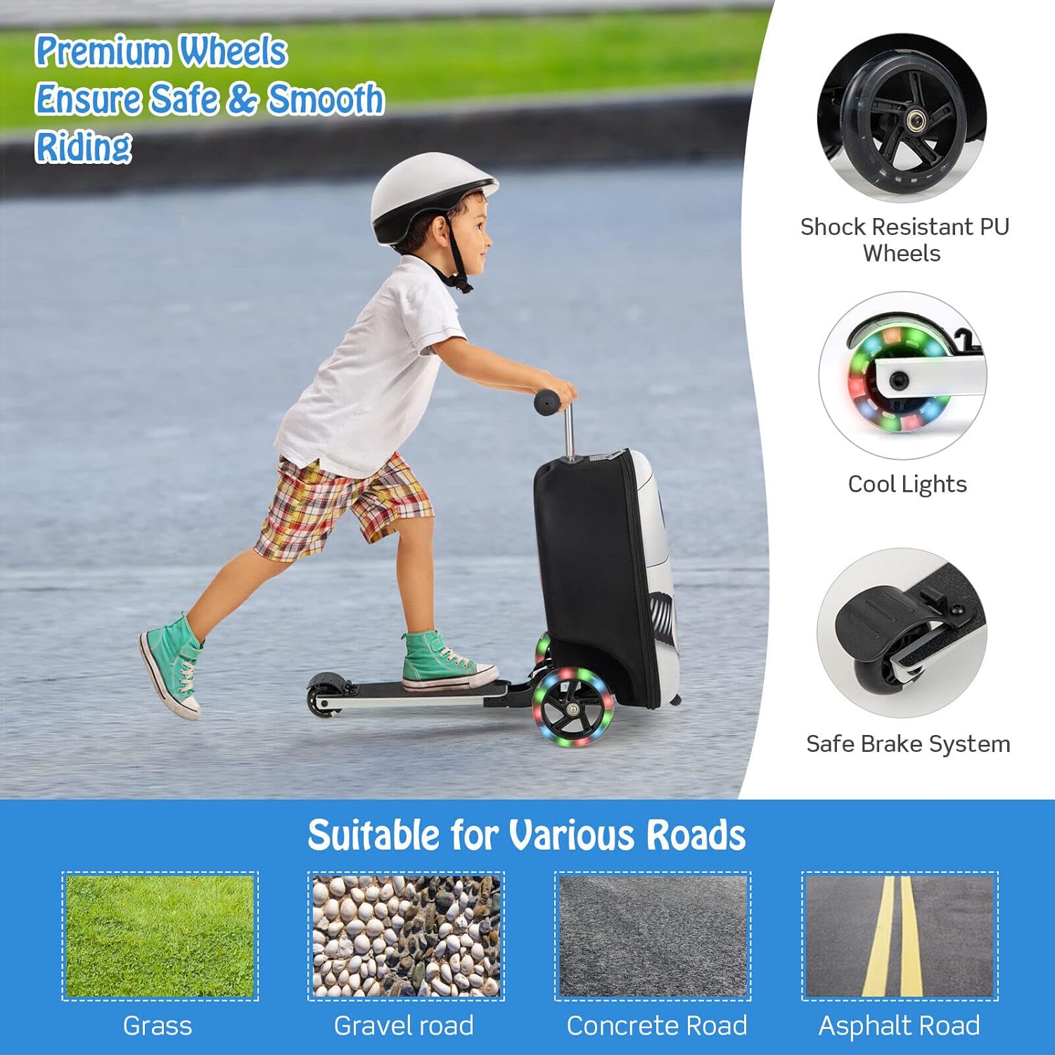 Valigia Scooter per Bambini 2-in-1 con Ruote LED