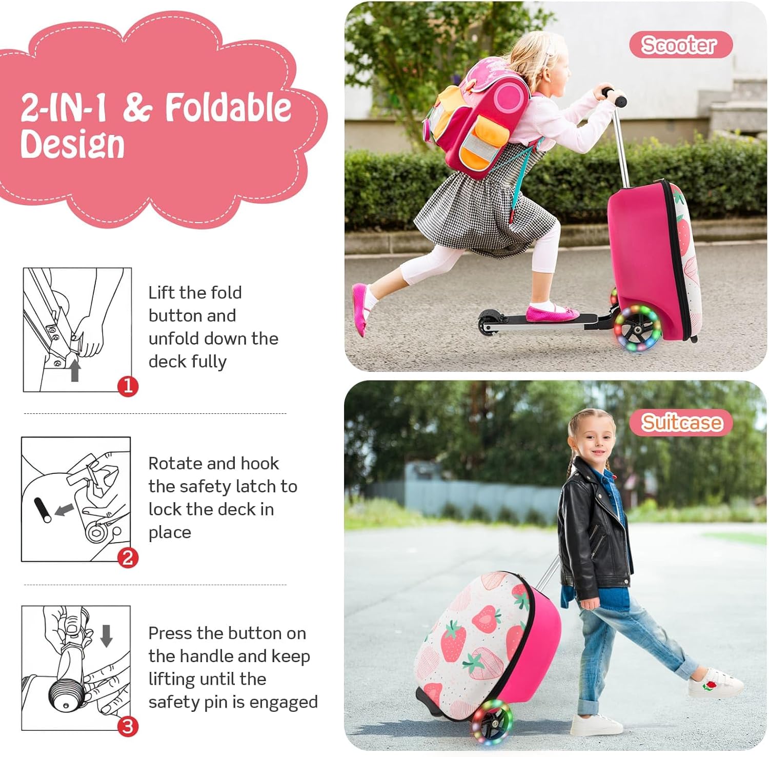 Valigia Scooter per Bambini 2-in-1 con Ruote LED