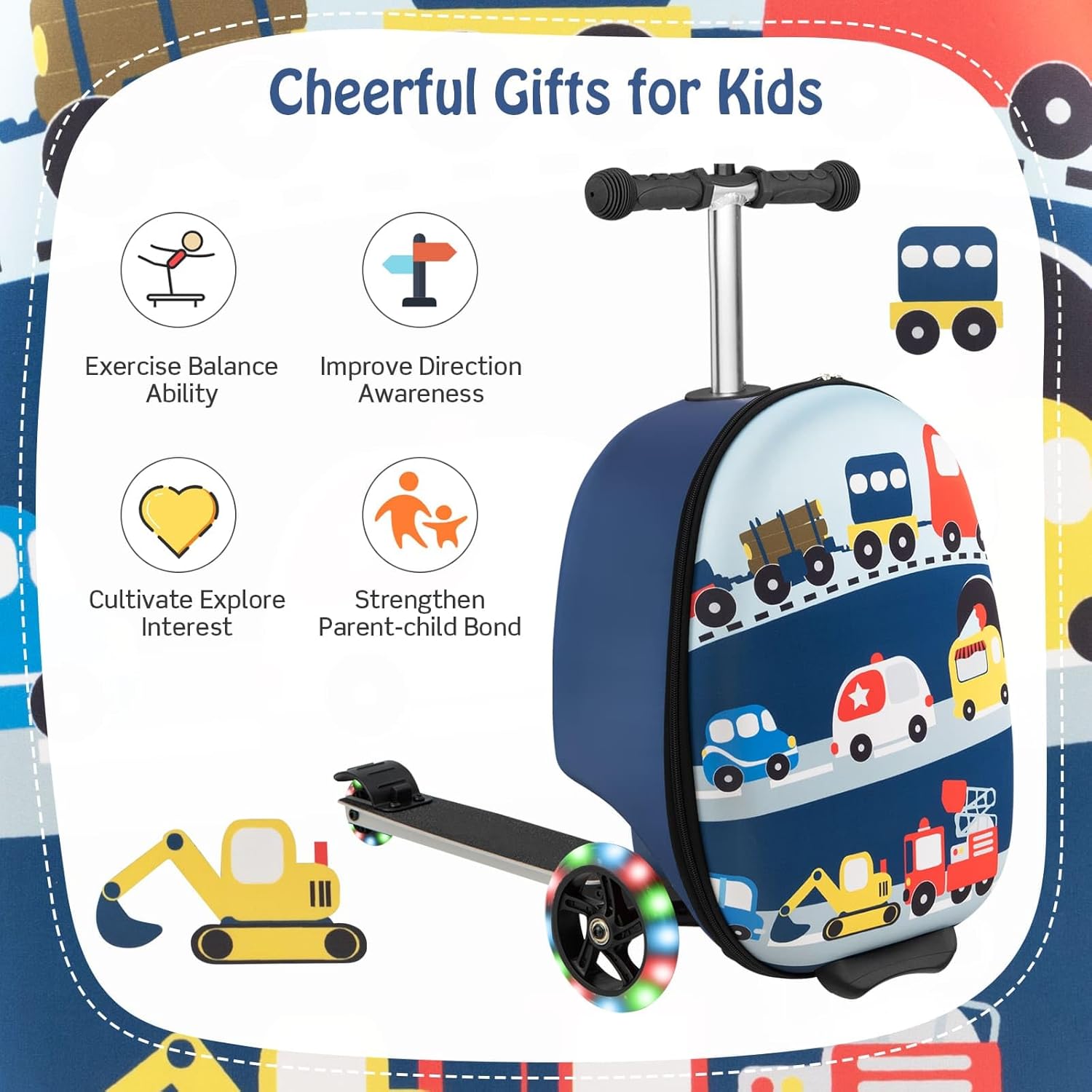 Valigia Scooter per Bambini 2-in-1 con Ruote LED