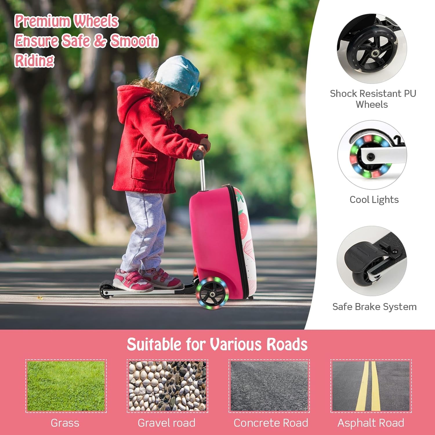 Valigia Scooter per Bambini 2-in-1 con Ruote LED