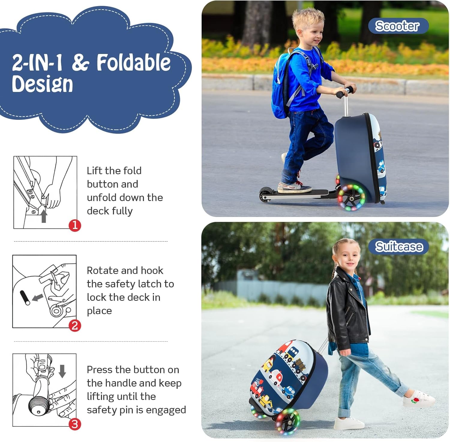 Valigia Scooter per Bambini 2-in-1 con Ruote LED