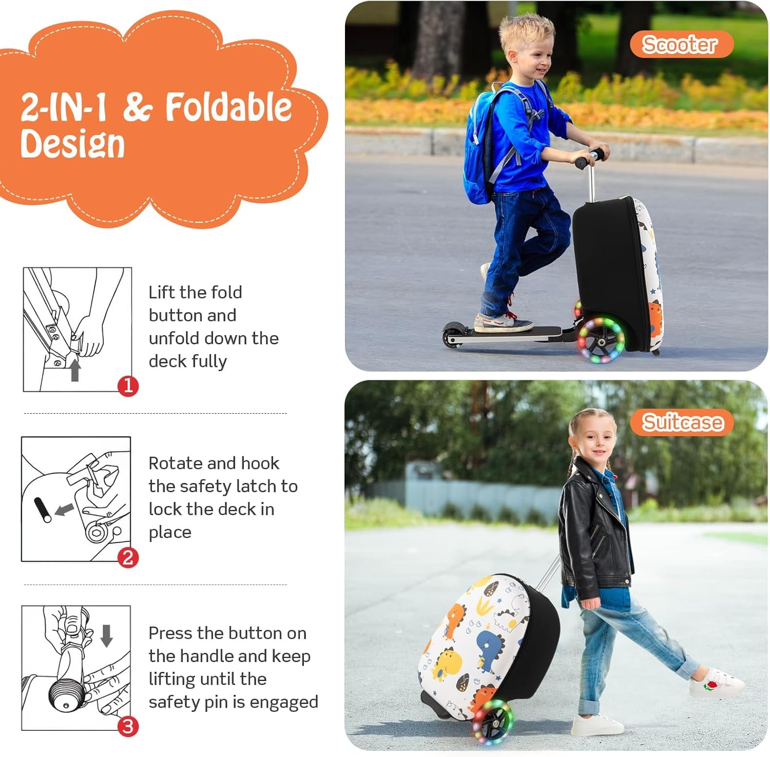 Valigia Scooter per Bambini 2-in-1 con Ruote LED