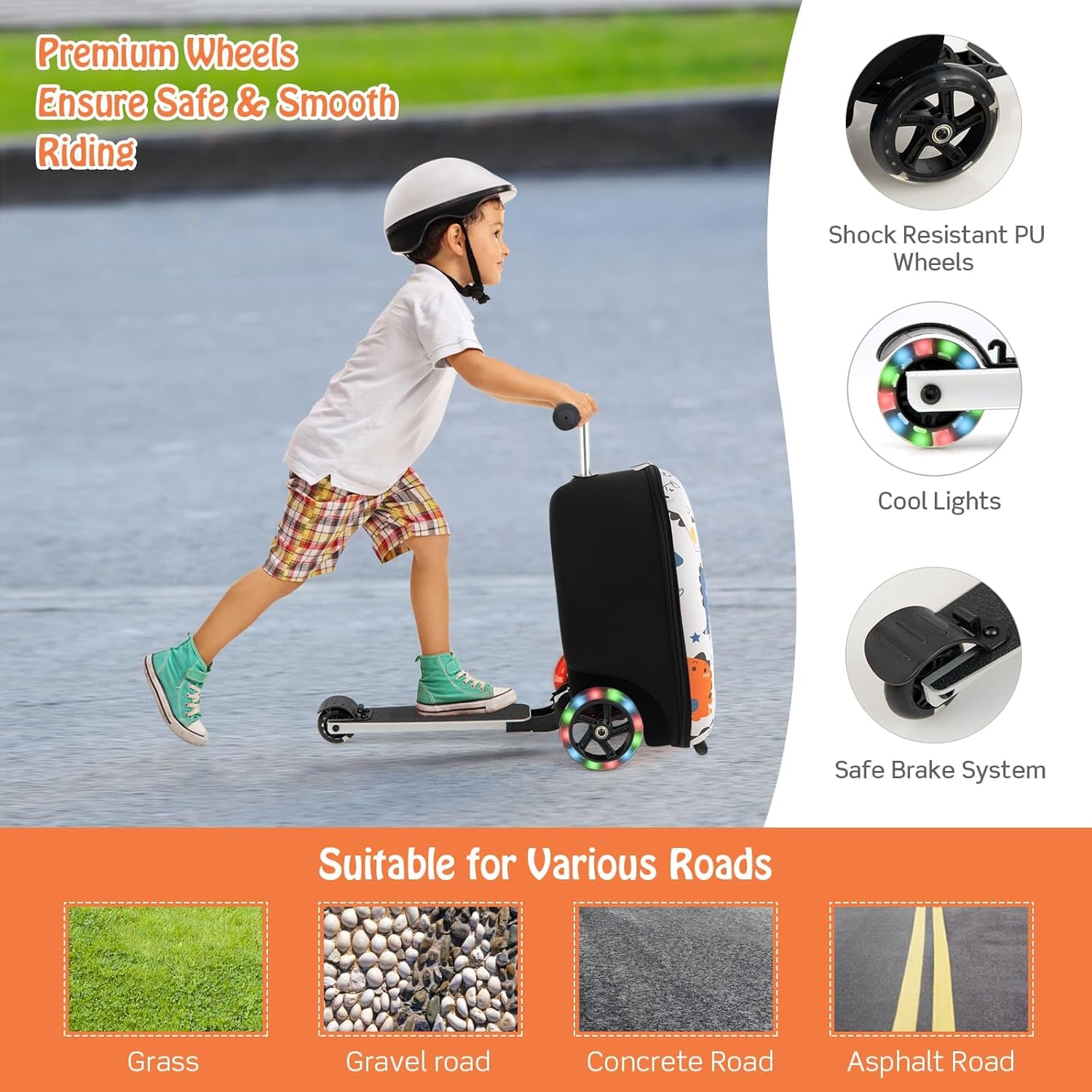 Valigia Scooter per Bambini 2-in-1 con Ruote LED