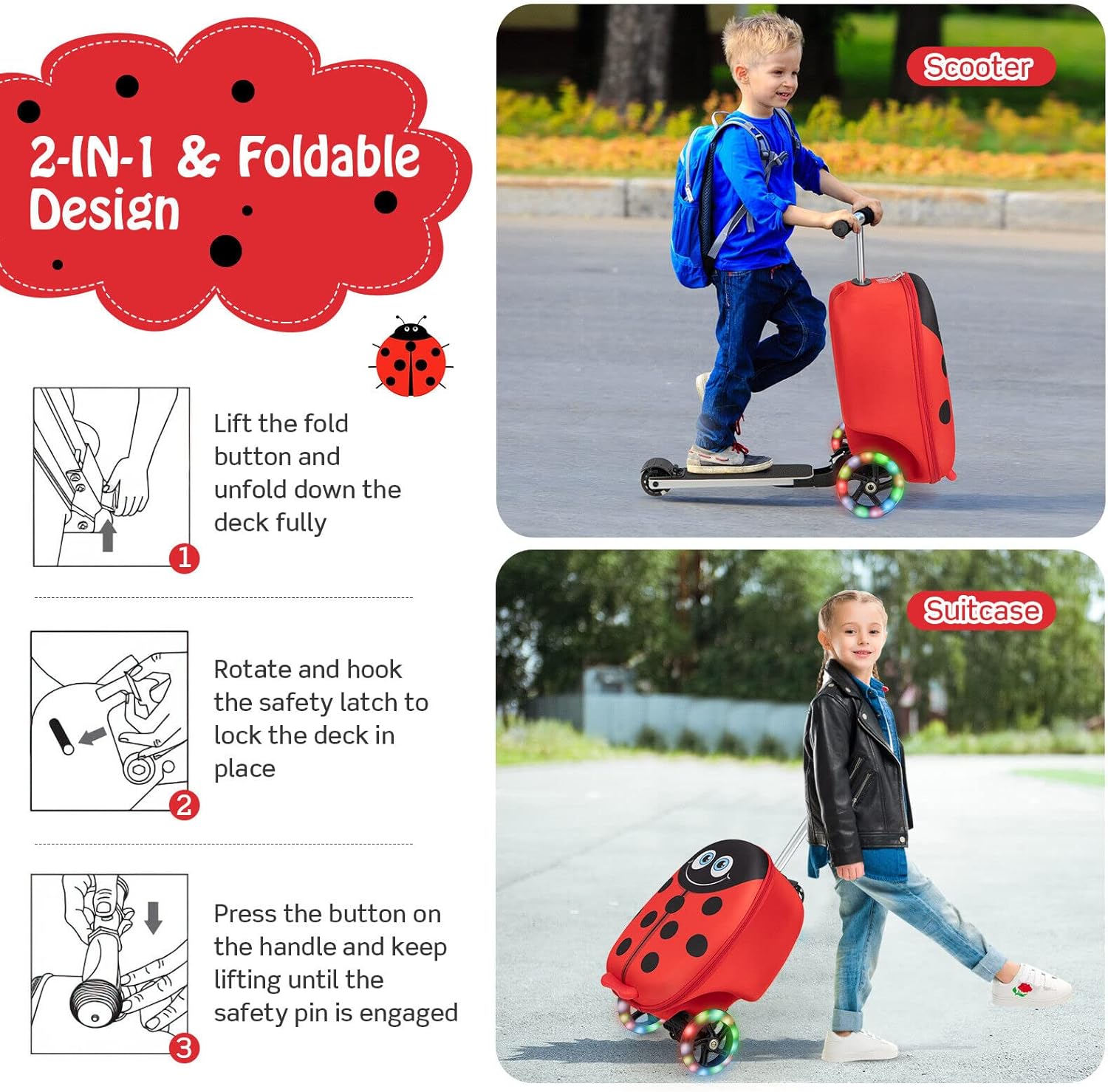 Valigia Scooter per Bambini 2-in-1 con Ruote LED