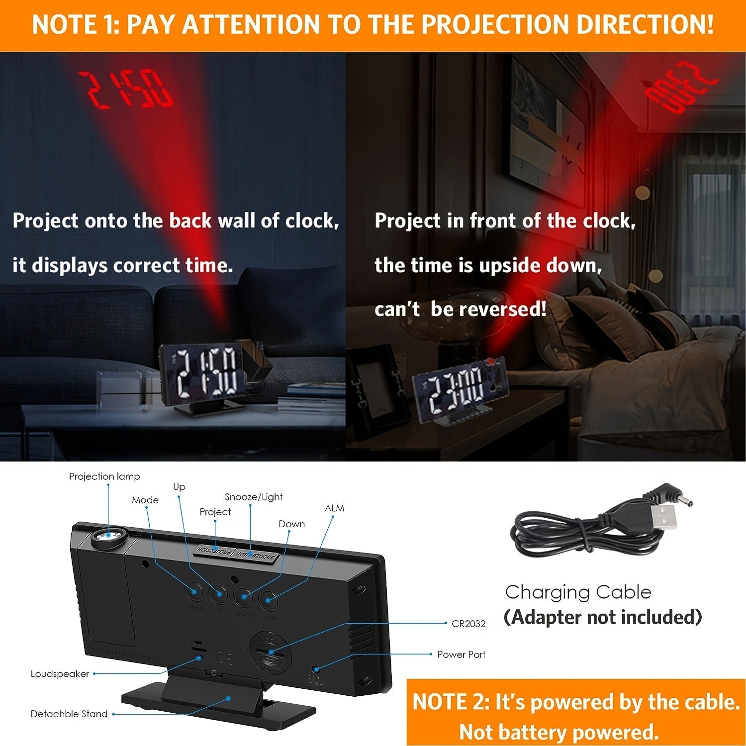 Orologio Sveglia con Proiezione LED e Proiezione Regolabile a 180° – Display Chiaro e Funzione Snooze per Camera da Letto o Ufficio