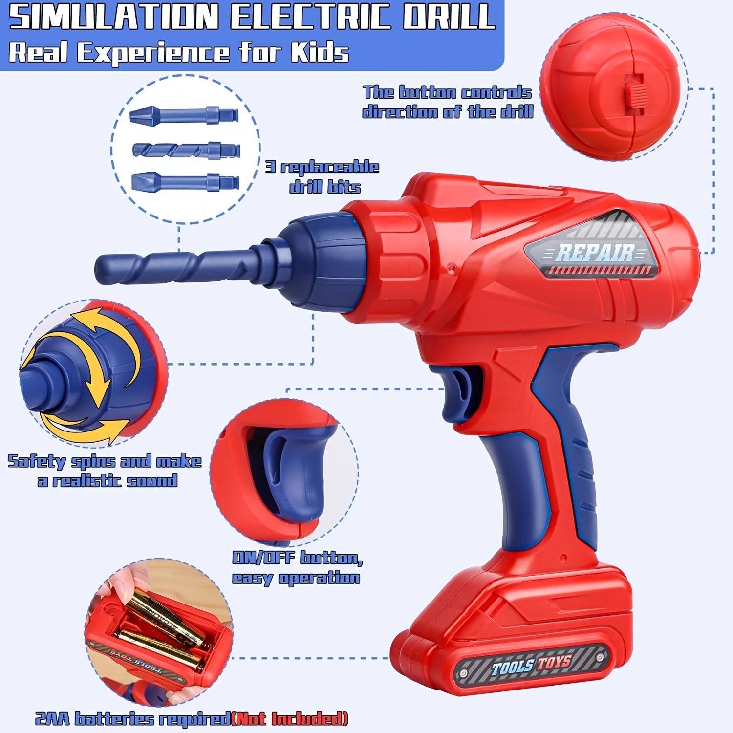Set di Attrezzi da 48 Pezzi per Bambini – Con Trapano Elettrico, Casco di Sicurezza e Borsa per Riporre